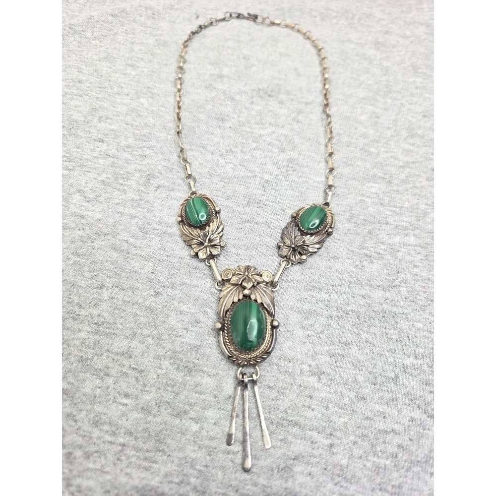 Rare Roie Jaque Navajo Signed Sterling Silver Malachite Floral Necklace OOAK